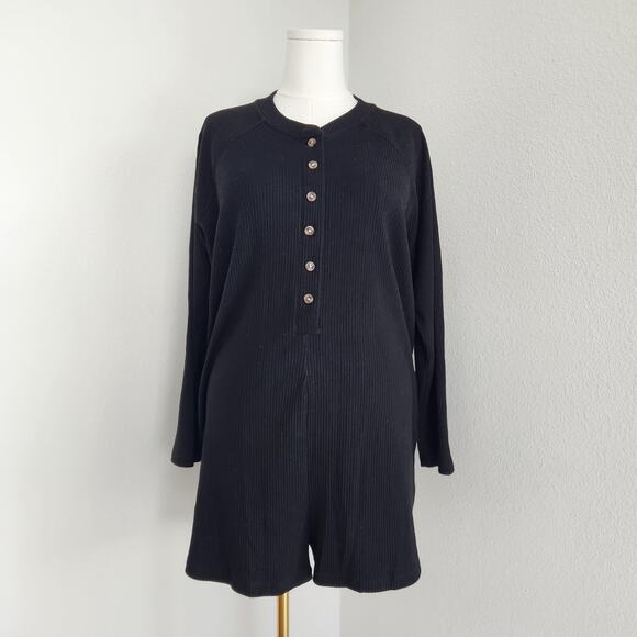 Old Navy Other - Old Navy Black Pajama Romper Ribbed Henley Long Sleeve Loungewear L